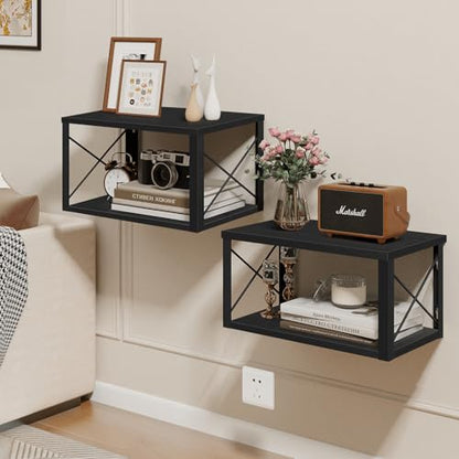 Homode Floating Nightstand, 2 Tier Wall Mounted Nightstand with Cable Hole, Wooden Floating Bedside Table, Bedside Wall Shelf for Bedroom Bathroom Living Room Kitchen Office, Black - color: Black