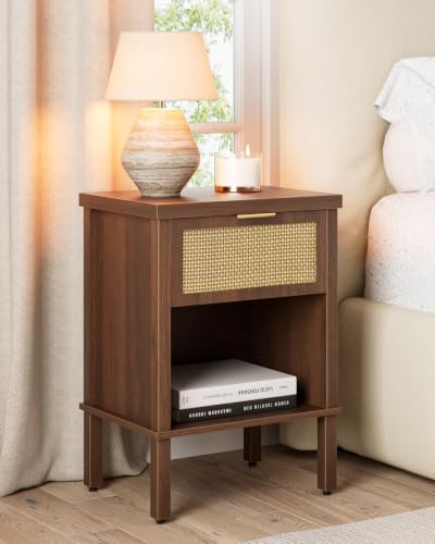 Rattan Nightstand with Drawer and Open Shelf, Boho Side Table with Gold Handle, Small Night Stand, Modern Bedside Table for Bedroom, Walnut - color: Walnut