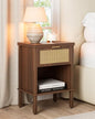 Rattan Nightstand with Drawer and Open Shelf, Boho Side Table with Gold Handle, Small Night Stand, Modern Bedside Table for Bedroom, Walnut - color: Walnut