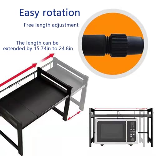 Extendable Microwave Oven Rack, 15.7~24.8" L Expandable Microwave Stand with Storage Shelf Heavy Duty with 6 Hooks and Chopsticks Cutting Board Holder for Kitchen Countertop - color: Black