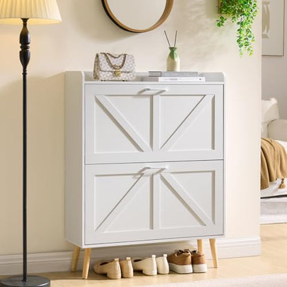LEYAOYAO Shoe Cabinet Storage for Entryway with 2 Flip Drawers Rack Narrow Organizer Slim Hidden Wood Shoe Cabinet Furniture White - color: White