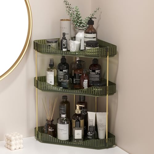 Lifewit 3-Tier Corner Bathroom Counter Organizer, Plastic Makeup Skincare Organizers Storage Countertop, Large Sink Cosmetic Perfume Shelf for Bedroom, Dresser, Kitchen, Vanity, Green, 39 cm/15inch(H) - color: Green, size: 3 Tier