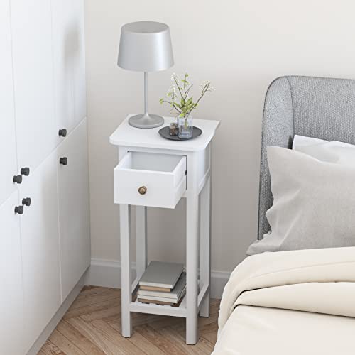 Giantex Tall End Table, Narrow Side Table with Drawer and Shelf, Acacia Wood Nightstand for Living Room, 2-Tier Bedside Table for Small Space, No Assembly, White - color: White