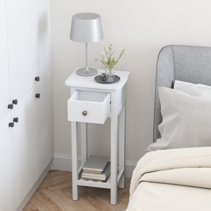 Giantex Tall End Table, Narrow Side Table with Drawer and Shelf, Acacia Wood Nightstand for Living Room, 2-Tier Bedside Table for Small Space, No Assembly, White - color: White