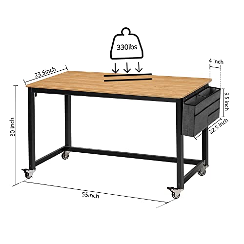AHB 55" Rolling Computer Desk with 4 Smooth Wheels, Simple Style Mobile Writing Desk Home Office Study Table Movable Workstation with Metal Frame - color: Natural, size: 55"