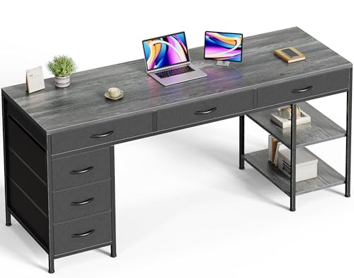 Huuger Computer Desk with 6 Drawers, Office Desk with Shelves, Reversible Gaming Desk, Corner Desk with Storage, Work for Home Office, Study, Living Room, 63inch, Grey - color: Grey, size: 63 inch
