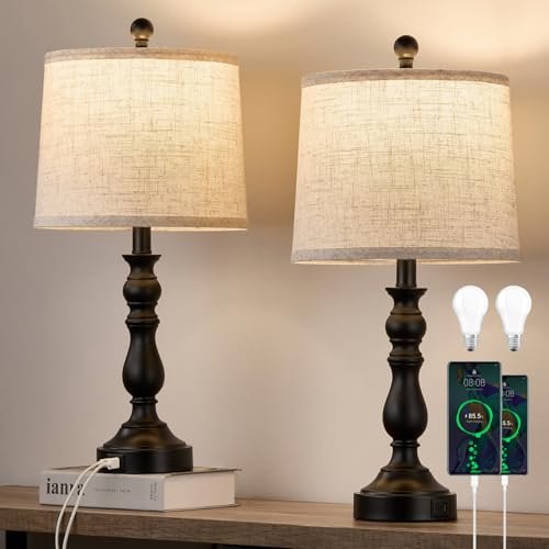 23'' Farmhouse Table Lamps for Living Room Set of 2 with USB C+A Ports, Retro Bedside Lamp for Bedroom, Office, Dining Room, Knob Switch, 3 Color Temperatures, Bulb Included, Black - color: A.Beige, Black