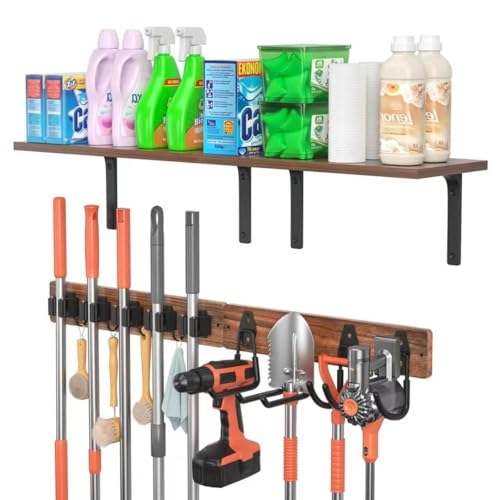 Broom Holder Wall Mount 33.8inch with Wooden Shelf ,Rustic Wood Broom Hanger 5 Racks&4 Hooks,Laundry Room Organization with Steel Garage Storage Hooks, Mop Hanger Broom Rack for Laundry Room, Garage. - size: 33.8"Large