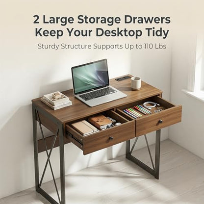 Manora Rustic Brown Computer Desk with Power Outlets & USB Ports, 31.5 Inch Small Writing Desk with 2 Drawers, Industrial Home Office Desk with Metal Frame for Bedroom, Apartment & Small Spaces - color: Rustic Brown