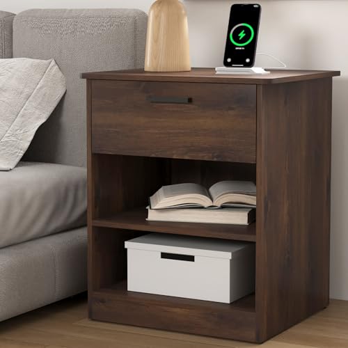 Night Stand with Charger Station, Modern Nightstand with USB Type-C Ports and AC Outlets, Large Bedside Table with Drawer and Open Storage, Wooden End Table for Bedroom (Brown, 1 Drawer) - color: Brown, size: 1 Drawer