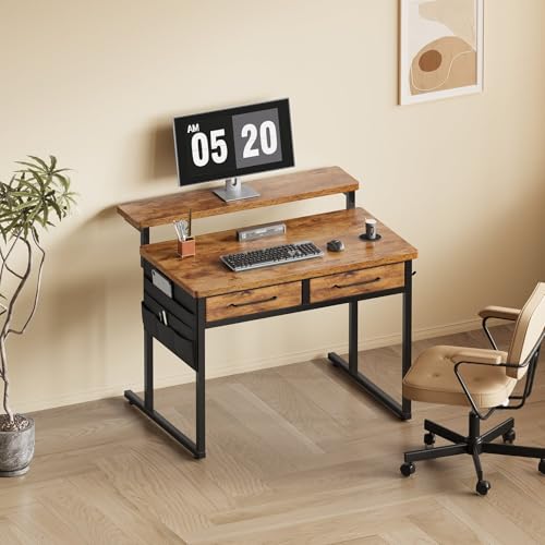 Maihail Small Desk with Drawers, 31.5X15.8-22.9 Inches Office Computer Desk with Side Pocket & Ergonomic Monitor Stand, Writing Table for Small Spaces, Bedroom, Kids Desk, Vanity Desk, Rustic Brown - color: Rustic Brown, size: 32Inch