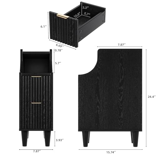 7.9" Narrow Fluted Nightstand Set of 2,Slim Side End Table with 2 Drawers,Black Modern Bedside Table,Skinny Night Stand for Small/Compact Space, Motorhome (Black) - color: Black