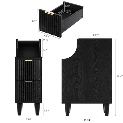 7.9" Narrow Fluted Nightstand Set of 2,Slim Side End Table with 2 Drawers,Black Modern Bedside Table,Skinny Night Stand for Small/Compact Space, Motorhome (Black) - color: Black