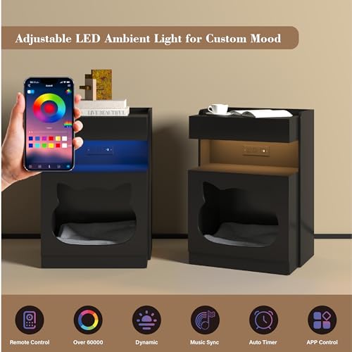 Mojztezy Black Bedside Table with Cat Design, Built-in Charging Station & Soft LED Light, Minimalist Pet-Friendly Storage Nightstand, Stylish Accent Furniture for Bedroom, Office and Living Room