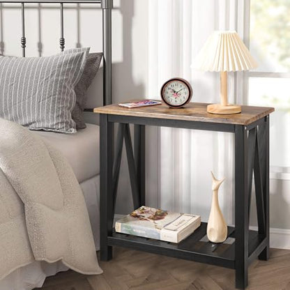 Narrow Side Table Rectangular End Tables with Storage Shelf Small Industrial Nightstands Bedside Table for Small Spaces Living Room Bedroom Bathroom Brown Smooth Tabletop and Black Legs - color: Brown&black