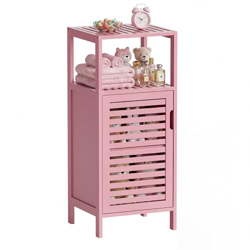 HITNET Small Bathroom Storage Cabinet, Bamboo Floor Cabinet Single Door, Freestanding Narrow Side Organizer for Living Room Hallway Entryway, Pink - color: Pink