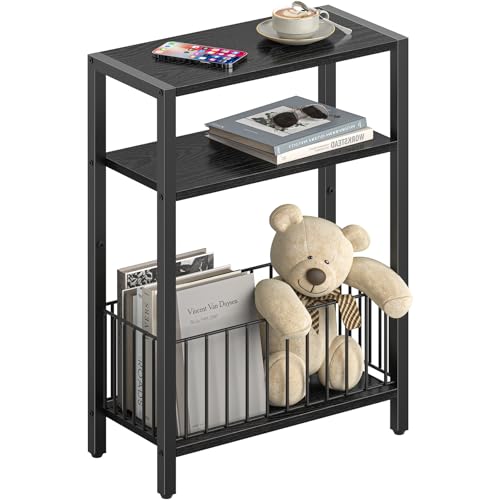 Yoobure Narrow Side Table with Storage Basket, Small End Table for Small Spaces, Skinny Side Tables Living Room Bedroom Office, Slim Nightstand 3 Tier Bedside Table Space-Saving for Magazine, Black - color: Black
