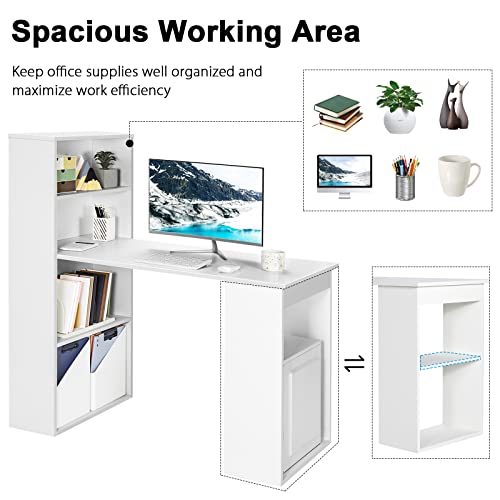AUGESTER Computer Desk with Bookcase, Desk Bookshelf Cabinet 3 in 1 Functional Table, Compact Computer Workstation with Storage Shelf and CPU Holder, Suitable for Home & Office (White)