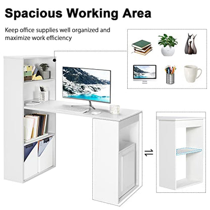 AUGESTER Computer Desk with Bookcase, Desk Bookshelf Cabinet 3 in 1 Functional Table, Compact Computer Workstation with Storage Shelf and CPU Holder, Suitable for Home & Office (White)