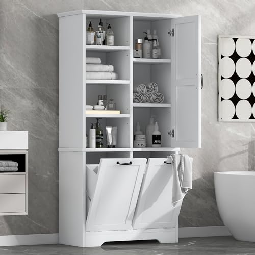 Tall Storage Cabinet, Bathroom Floor Freestanding Storage Cabinet with Doors, Open Shelve, Adjustable Shelf, Drawers, and Tilt-Out Laundry Hamper for Bathroom, Office, Living Room, White - color: White