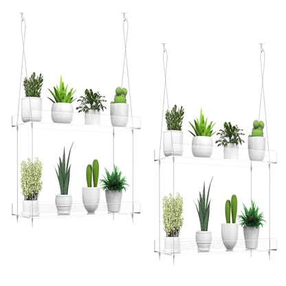 2-Pack Hanging Clear Plant Shelves for Windows,16 Inch per Tier | Acrylic Window Wall Plant Stand Shelf for Kitchen Indoor Gardens, Flower, Herb, Seedling Organization, and Pots Display. - size: 2 Pack-2 Tier