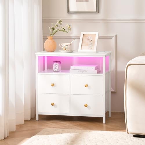 Yoobure Night Stand with Charge Station, Nightstand with 4 Drawers Bedside Table, LED Dresser with Storage Shelf, Night Stands for Bedroom, Side Table 3-Tier Wood End Table for Home, Office White - color: White