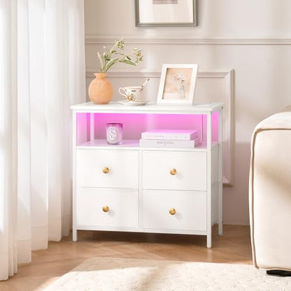 Yoobure Night Stand with Charge Station, Nightstand with 4 Drawers Bedside Table, LED Dresser with Storage Shelf, Night Stands for Bedroom, Side Table 3-Tier Wood End Table for Home, Office White - color: White