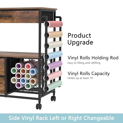 VENNQD Storage Cart Compatible with Cricut Machines Stand Cutting Machine Stand with Drawers and Vinyl Roll Holder Rolling Craft Cabinet Table for Cricut Craft Workstation (Rustic Brown) - color: Rustic Brown