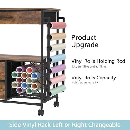 VENNQD Storage Cart Compatible with Cricut Machines Stand Cutting Machine Stand with Drawers and Vinyl Roll Holder Rolling Craft Cabinet Table for Cricut Craft Workstation (Rustic Brown) - color: Rustic Brown
