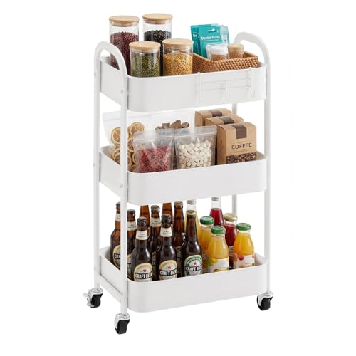 MAX Houser 3-Tier Rolling Utility Cart with Caster Wheels,Easy Assembly, for Kitchen, Bathroom (White) - color: White, size: 3-Tier Standard Cart