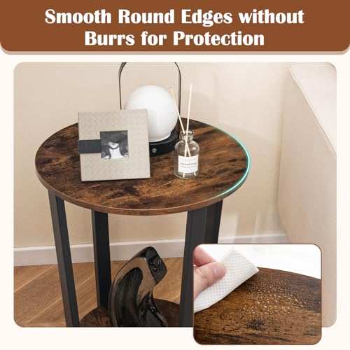 Giantex Round End Table, 2-Tier Side Sofa Table with Open Storage Shelf and Metal Frame, Industrial Nightstand Bedside Table for Living Room, Bedroom, Small Space, Accent Furniture, Rustic Brown - color: Rustic Brown