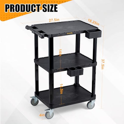 ELAFROS Heavy Duty Utility Cart, 27.5 x 18.25 Inch, 3-Tier Rolling Cart, Industrial Plastic, 330 lbs Capacity, Flat Top Shelves with Swivel Wheels - Multipurpose Work Cart - style: Standard