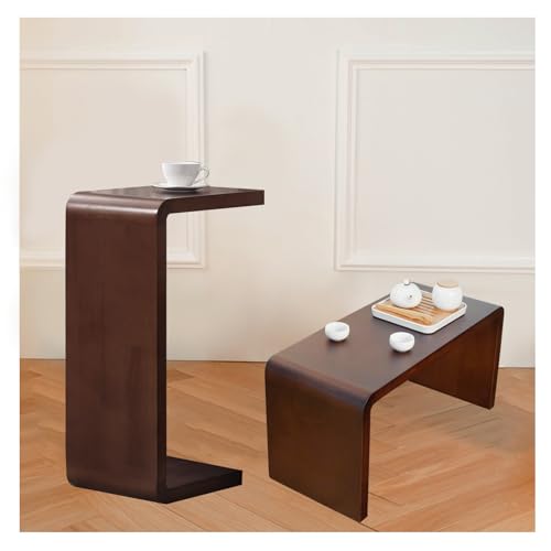 C Shaped End Table, Solid Wood Sofa Side Table for Couch, Bed, and Living Room, Space-Saving Small Snack Table for Bedroom, Office, or Balcony, Wooden Nightstand for Laptop and Narrow Spaces - color: H 27.2″ - Brown, size: 2