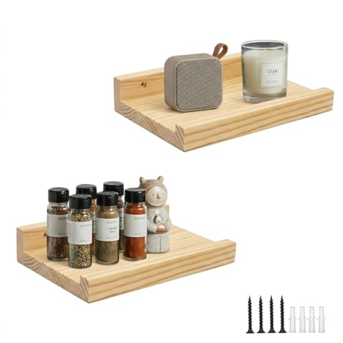 Z metnal Small Decor Shelves, Mini Floating Wooden Display Wall Shelf for Smart Speaker WiFi Collectables, Sauna Shelves, Wood, Wall Mounted, 8 x 5.5 inch, 2 Pack - color: Natural, size: 8 Inch