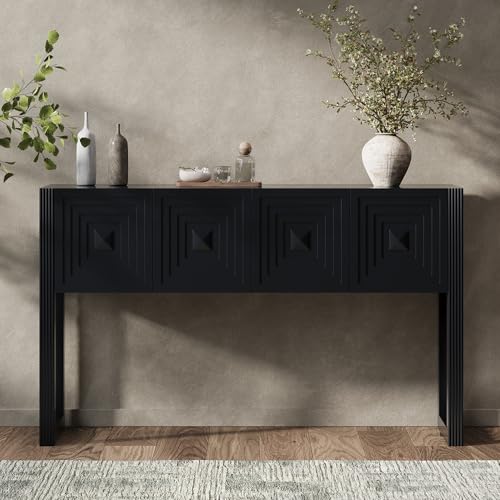 LKTART 55" Carved Console Table with 3 Soft-Close Drawers, Entryway Sofa Table with Fluted Leg,Solid Wood Accent Table for Living Room Hallway,Black - color: Black
