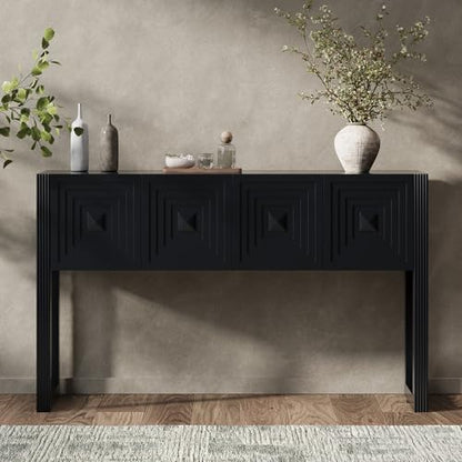 LKTART 55" Carved Console Table with 3 Soft-Close Drawers, Entryway Sofa Table with Fluted Leg,Solid Wood Accent Table for Living Room Hallway,Black - color: Black