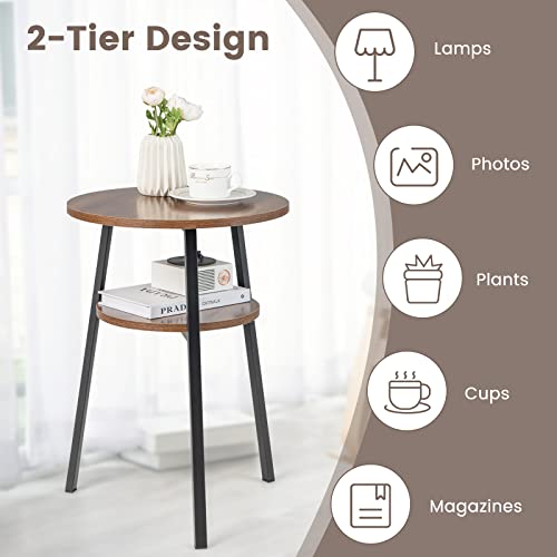 Giantex Round End Table Set of 2, Retro Bedside Table with Open Storage Shelf & Sturdy Triangular Metal Frame, Versatile Accent Table for Bedroom, Living Room & Study, Easy Assembly (2, Walnut)