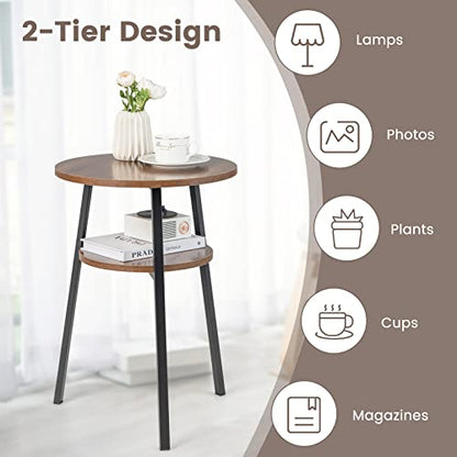 Giantex Round End Table Set of 2, Retro Bedside Table with Open Storage Shelf & Sturdy Triangular Metal Frame, Versatile Accent Table for Bedroom, Living Room & Study, Easy Assembly (2, Walnut)