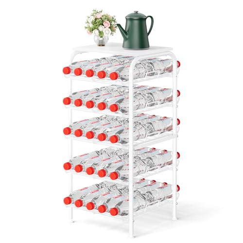 Water Bottle Organizer 5 Tier Free Standing Water Bottle Storage Rack Metal Water Bottle Rack Shelf Large Capacity Bottled Water Holder Beverage Soda Drink Stand for Kitchen Pantry Office,White - color: White, size: 5 Tier