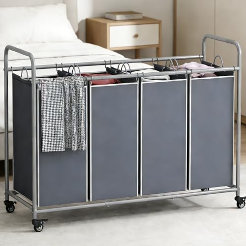 LINZINAR 4 Section Laundry Hamper, Grey Laundry Basket, 180L Laundry Sorter | Laundry Room Organization with Heavy Duty Rolling Lockable Wheels and Removable Bag, Bedroom Laundry Cart for Clothes Storage - size: 4 Bags Grey