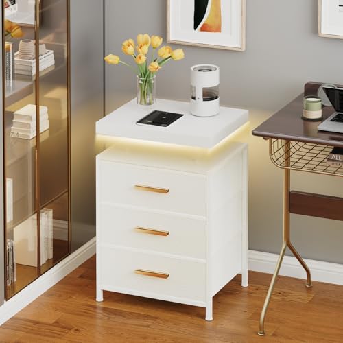 DreamDashio Nightstand Set of 2 with LED Lights, 3 Fabric Storage Drawers with PU Finish, Floating Top Design, Bedside Table with Open Shelf, End Table for Bedroom, Living Room, Office White - color: White（2 Pack)