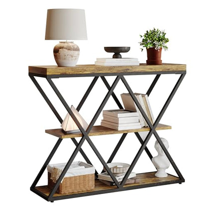 Garvee 3 Tier Console Table,39" Industrial Entryway Table,Open Wood Shelves | Sofa Table,Narrow Wood Accent Tables with Metal Frame for Hallway,Living Room,Behind Couch,Foyer,Entrance,Rustic Brown - color: Rustic Brown + X-shaped