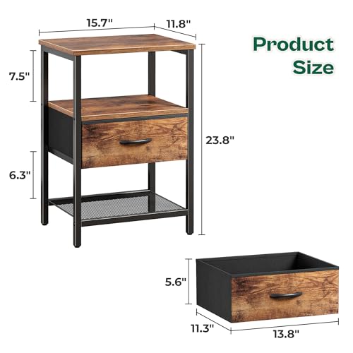 Huuger Nightstand Set of 2, Night Stand with Fabric Drawer, Mesh Shelf, Side Table with Storage, Fabric Drawer Dresser, Open Shelf, Metal Frame, Bedroom, Rustic Brown - color: Rustic Brown
