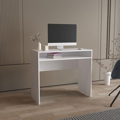 Computer Desk 30.6" H with Shelf - Modern White Study Desk for Small Spaces & Studio Apartments - Compact Writing Table with Storage for Home Office & Workspace Use