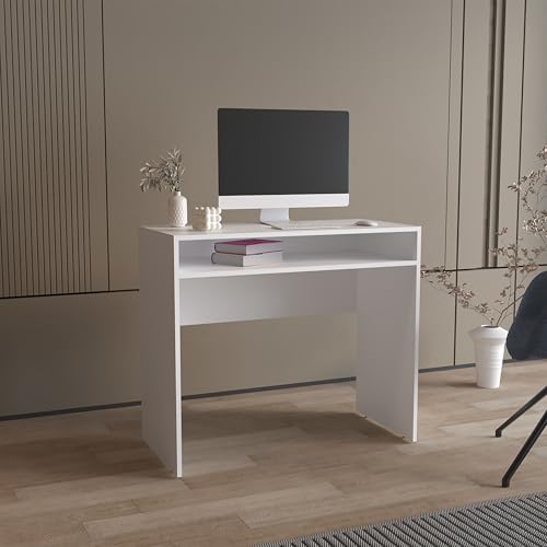 30.6" Computer Desk with Shelf - Modern White Study Table for Small Spaces & Apartments - Compact Workstation with Storage for Home Office & Student Use