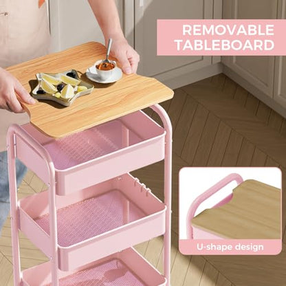 3 Tier Rolling Cart with Table top, Metal Rolling Utility Cart, Sturdy Storage Organizer Cart with Locking Wheels & Hooks for Office, Classroom, Kitchen and Bathroom，Pink - color: Pink