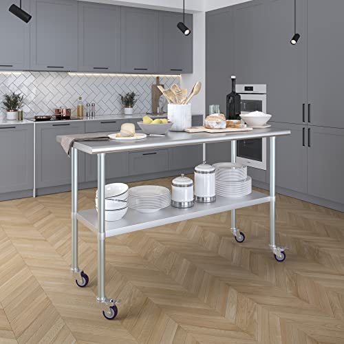 AmGood 60" Long x 24" Deep Stainless Steel Table with Casters - size: 60" Long x 24" Deep
