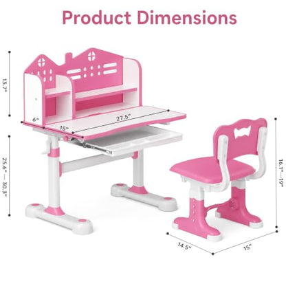 Kids Desk and Chair Set, Height Adjustable Child's School Study Writing Tables, Kids Desk with Bookstand and Storage Drawer, Widened Desktop with Desktop for Boys and Girls (Pink-A-MAX) - color: Pink-a-max