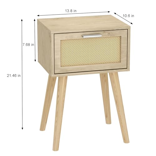 LAATOOREE Nightstand Set of 2, Small Bedside Table, Boho Side End Table, Rattan Door, Solid Wood Feet for Bedroom and Living Room - color: Natural, style: Boho Style