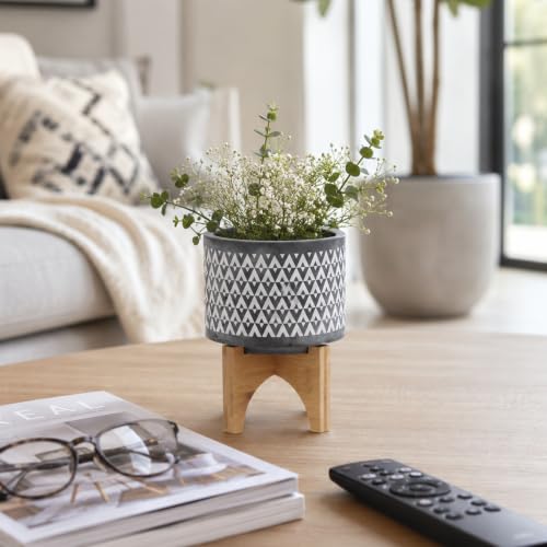 Aztec Decorative Planter Pot on Wooden Stand – Ceramic Stoneware Outdoor & Indoor Plant Pot with Gray Geometric Pattern – Modern Garden & Home Decor Ceramic Planters – 6", Gray - color: Aztec Gray